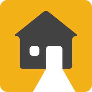 Icon of a house with a dark gray silhouette and a path on a yellow background.