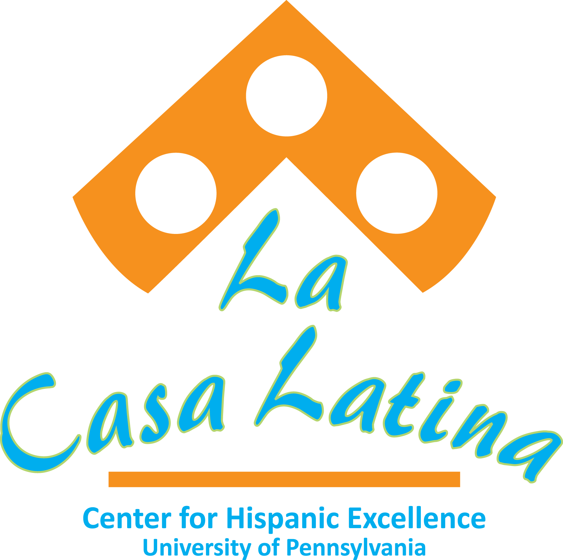 The image is the logo of "La Casa Latina," the Center for Hispanic Excellence at the University of Pennsylvania. It features an orange geometric shape with three circles above the stylized text.