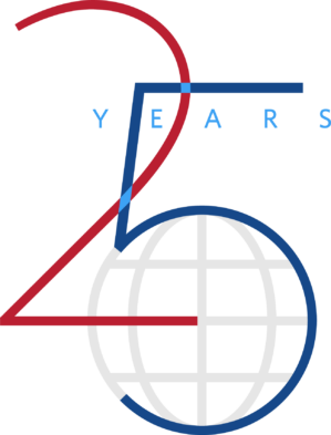 The image is a logo representing "25 Years" with a stylized number 25 intertwined with a globe design, using red, blue, and white colors.